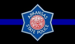 Arkansas State Police on a blue and red star on a black and blue flag