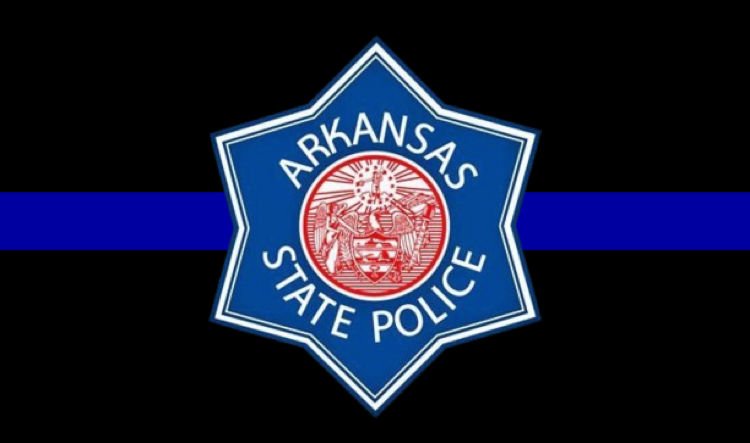 Arkansas State Police on a blue and red star on a black and blue flag