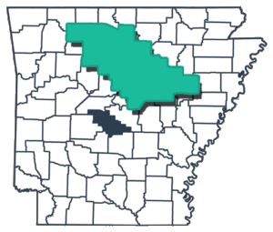 A county map of the state of Arkansas with Saline County enlarged.