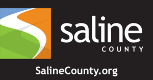 Saline County text on a black background with a green, blue, orange and white symbol resembling a river.