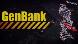 GenBank in yellow text on a black background and a strand of DNA