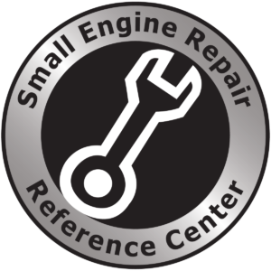 Small Engine Repair Reference Center around a black and white wrench.