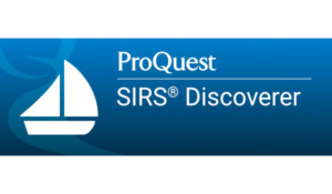 ProQuest SIRS Discoverer with a silhouette of a sailboat on a blue background.