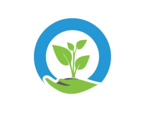 a symbol of a green hand holding a tree in a blue circle
