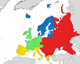 a map of the world with Eastern and Central Europe colored in red, blue, green and yellow