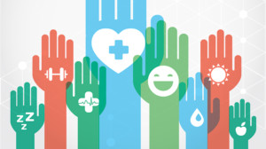 Raised hands in colors of blue, orange and green with health and wellness symbols on the palms.