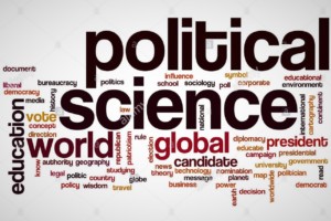 a word cloud with words such as political science, world, global, education in varying shades of green, orange, yellow and red.