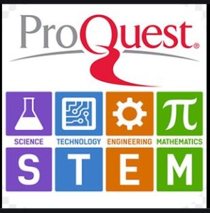 ProQuest STEM, Science, Technology, Engineering and Math with an Erlenmeyer flask, a microchip, a gear and the symbol for pi.