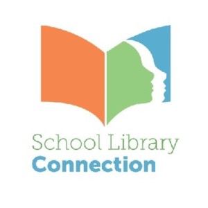 School Library Connection under an orange, green and blue open book with the profile of a person's face.