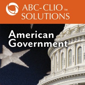 ABC-CLIO Solutions American Government on a star of the American flag and the windows of the White House