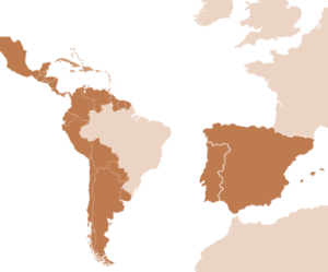 an orange shaded map with Latin American countries and Spain and Portugal shaded in darker orange