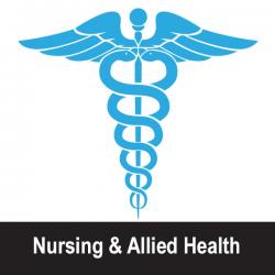a blue caduceus above the text Nursing and Allied Health
