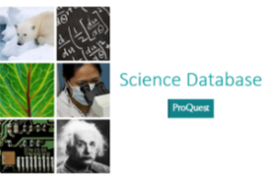 ProQuest Science Database with a polar bear, mathematical formulas, a leaf, a scientist looking through a microscope, a motherboard and Albert Einstein.