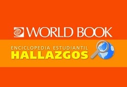 World Book Enciclopedia Estudiantil Hallazgos and a globe with a magnifying glass on a red and orange background