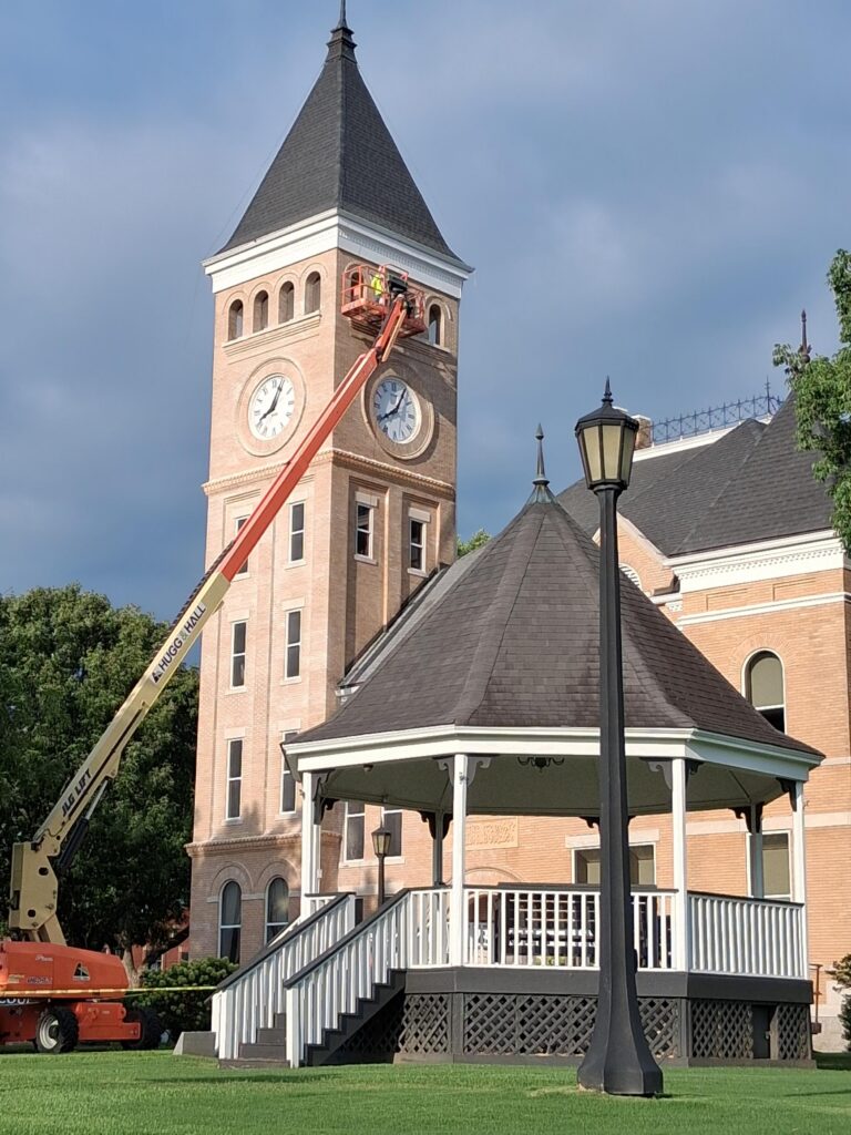 Restoration efforts on the clock tower of the courthouse building in Benton, Arkansas.